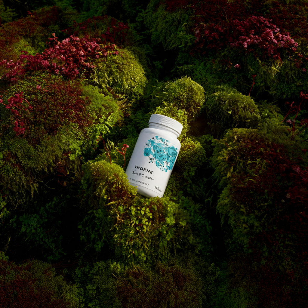 Thorne Basic B Complex bottle photographed in moss